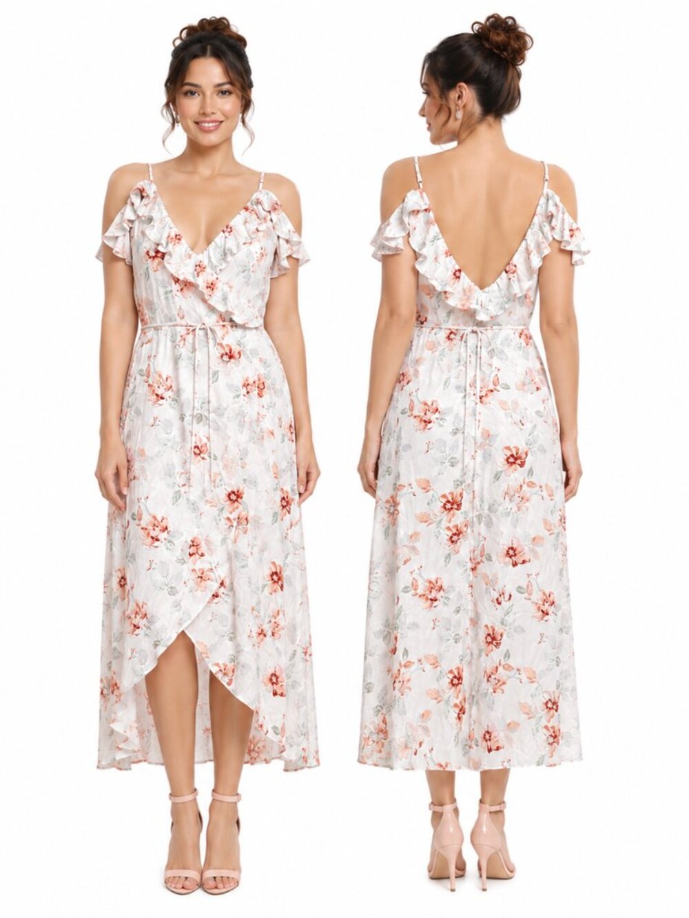 Minkpink Innocence Wrap Midi Dress White Floral Ruffle Cold Shoulder Small NEW